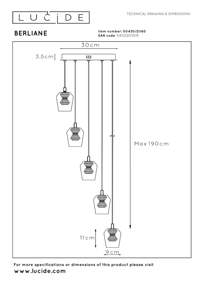 Lucide BERLIANE - Závesné svietidlo - Ø 34 cm - LED Rozm. - 5x3W 3000K - Transparent